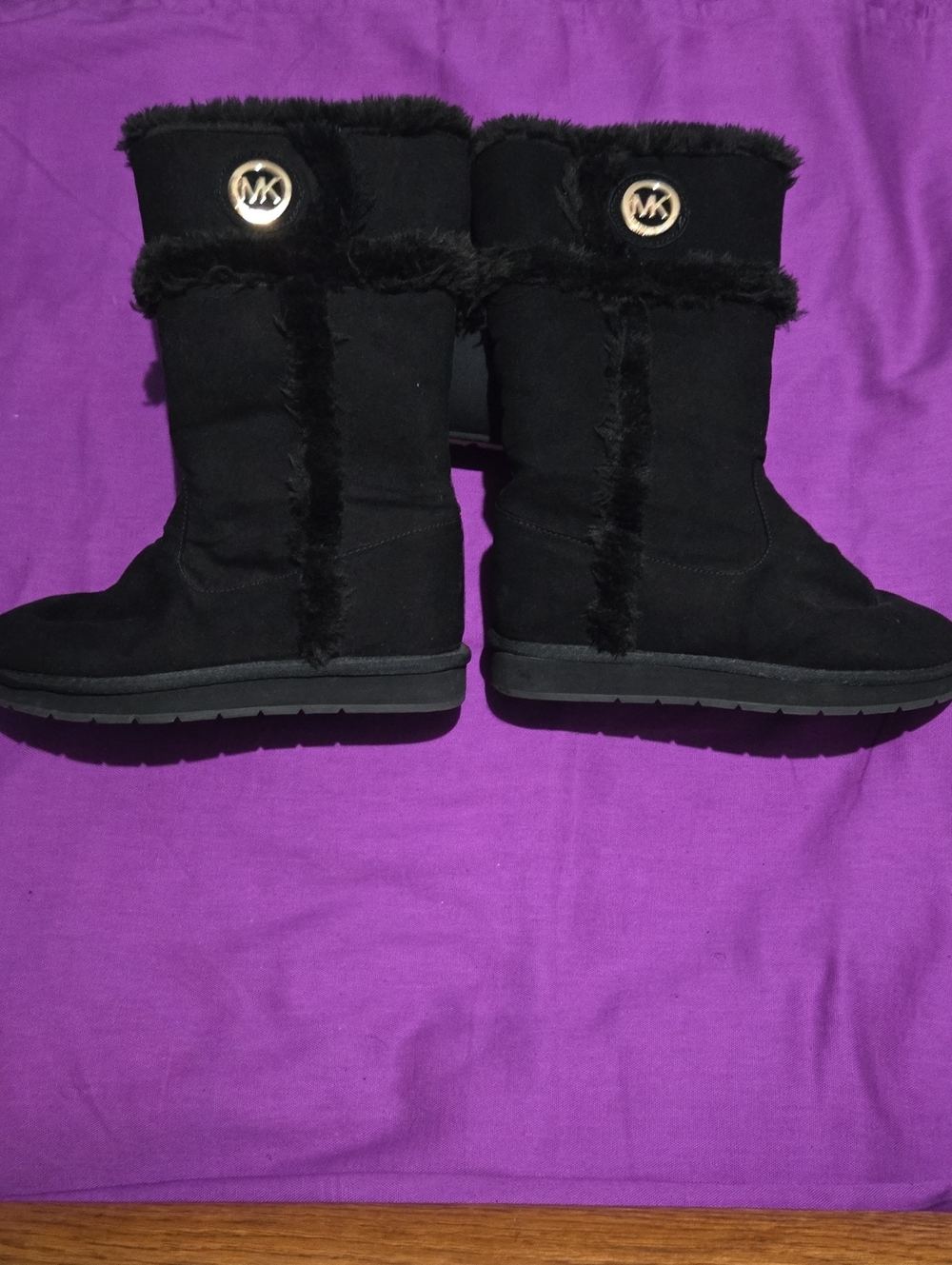 Michael Kors Black Mid-Calf Faux Fur Winter Boots with Gold MK Emblem